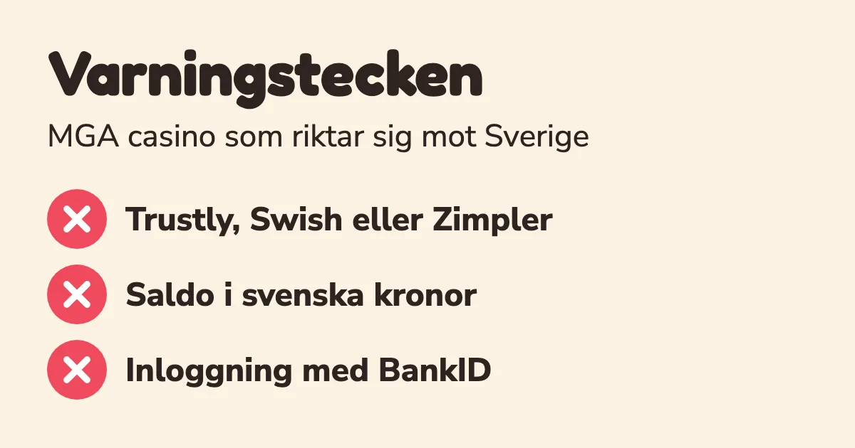 Varningstecken på ett MGA casino som riktar sig mot Sverige: Trustly, kronor och BankID
